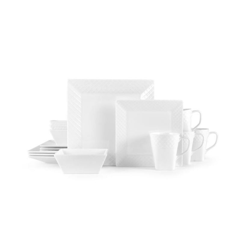 Trellis White Square 16 Piece Dinnerware Set, Service For 4