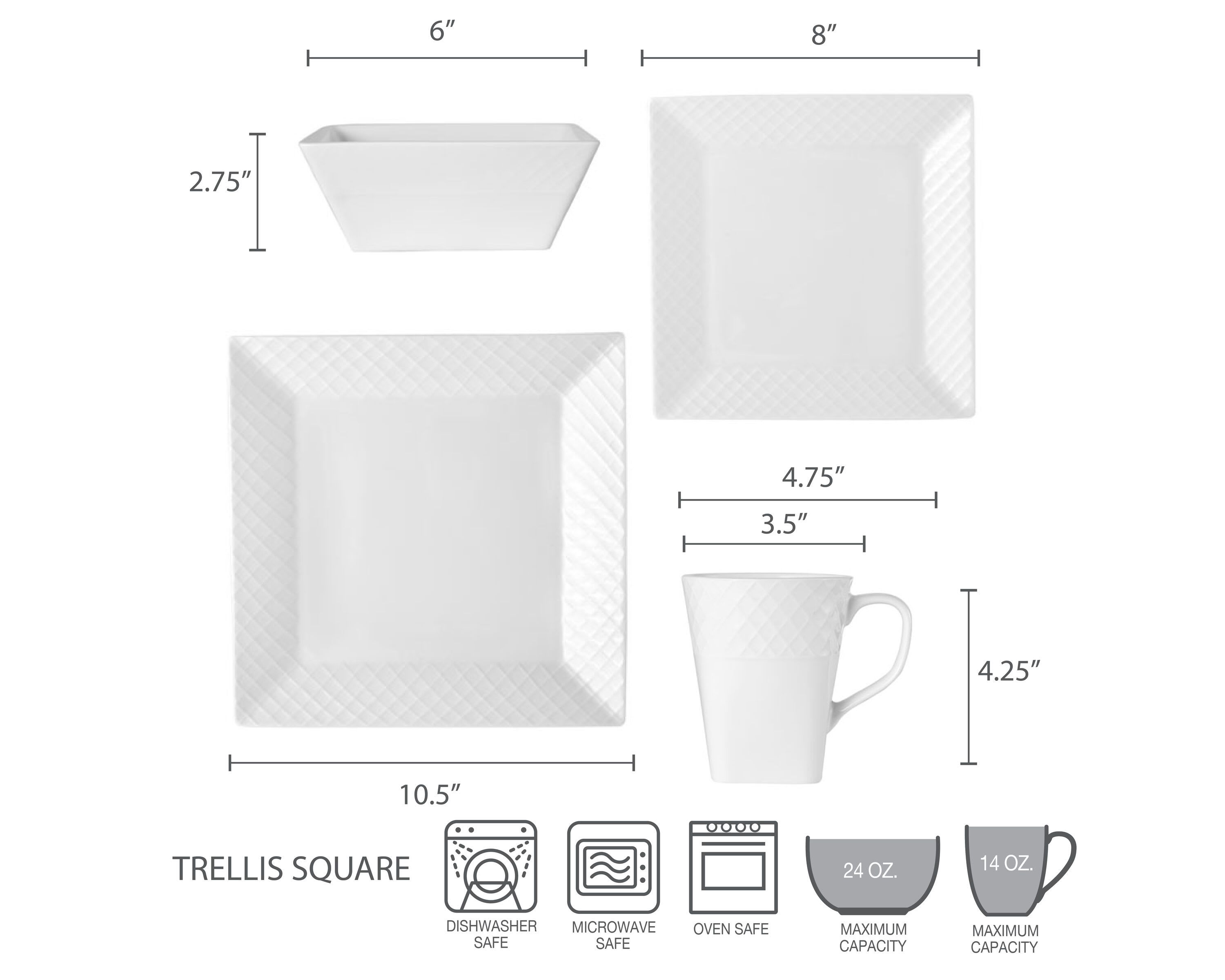 Trellis White Square 16 Piece Dinnerware Set, Service For 4