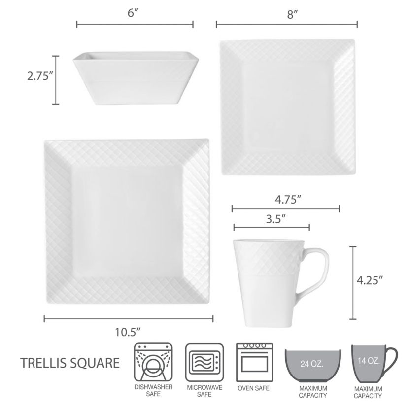 Trellis White Square 16 Piece Dinnerware Set, Service For 4