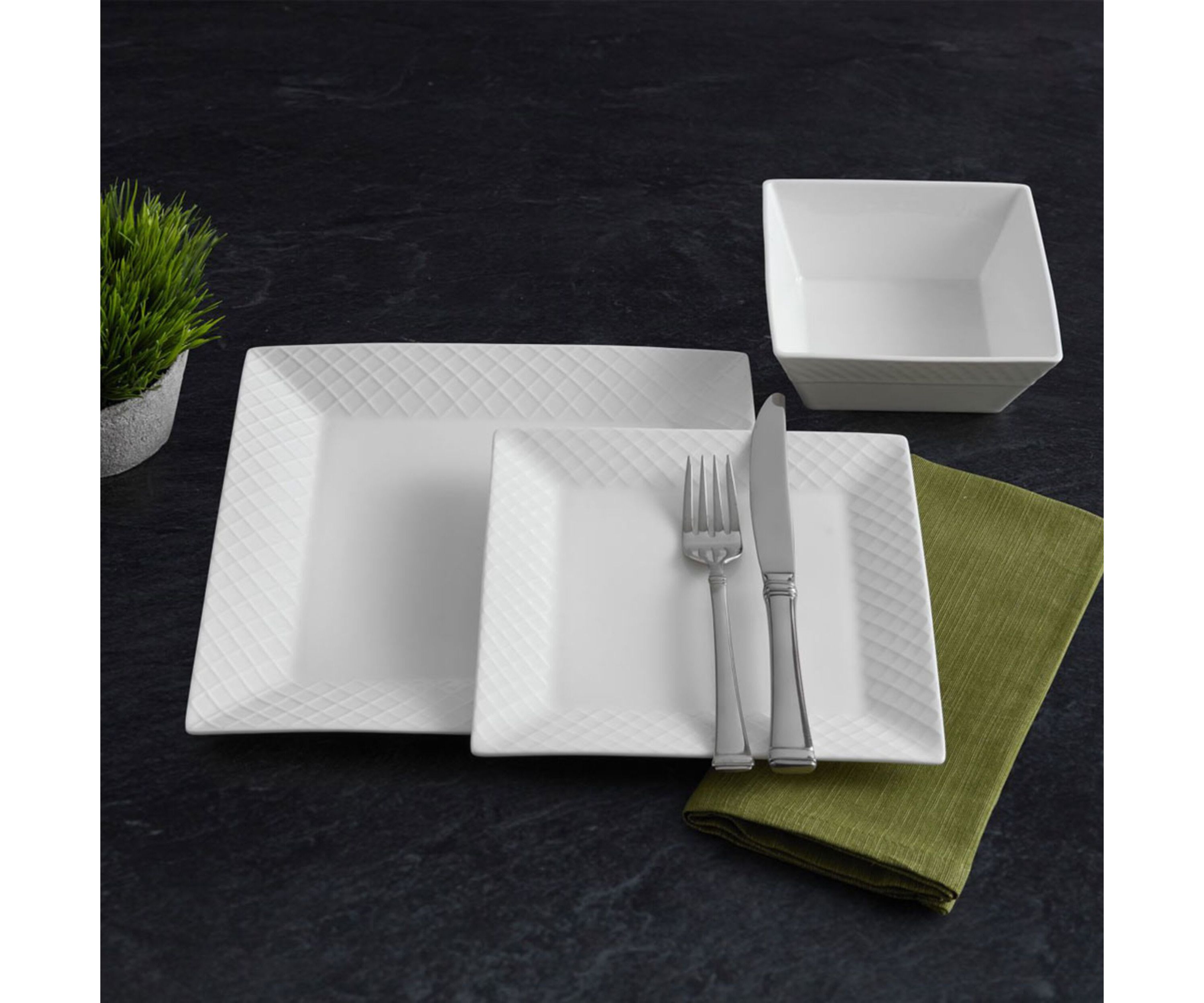 Trellis White Square 16 Piece Dinnerware Set, Service For 4