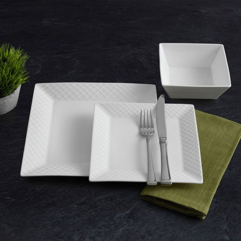 Trellis White Square 16 Piece Dinnerware Set, Service For 4