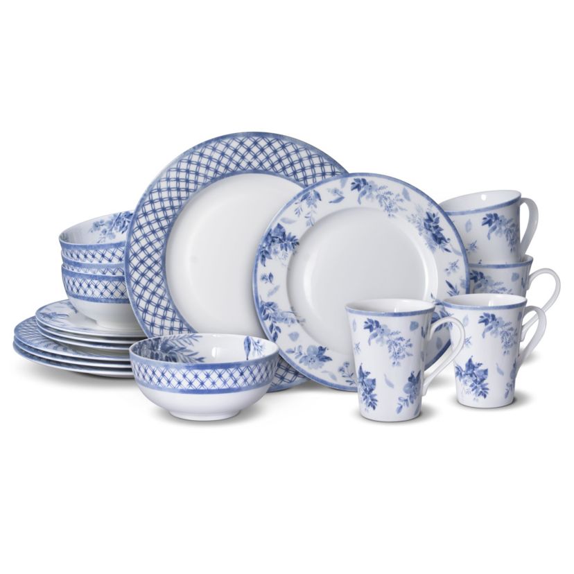 Mikasa Kiley Bone China Lightweight Chip Resistant 16 Piece Dinnerware Set, Service for 4,Blue and White