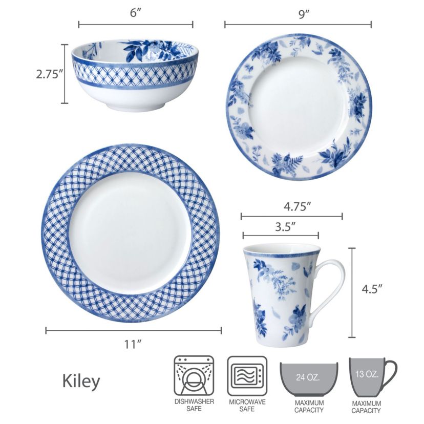 Mikasa Kiley Bone China Lightweight Chip Resistant 16 Piece Dinnerware Set, Service for 4,Blue and White