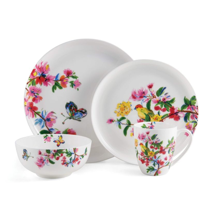 Butterfly Garden Bone China 16 Piece Dinnerware Set, Service For 4