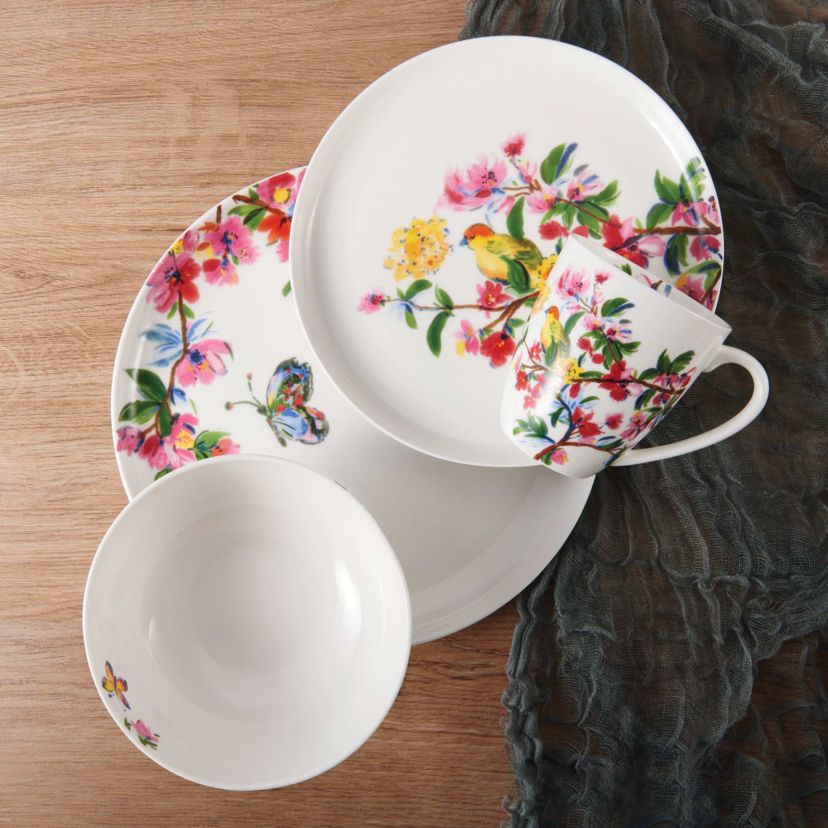 Butterfly Garden Bone China 16 Piece Dinnerware Set, Service For 4