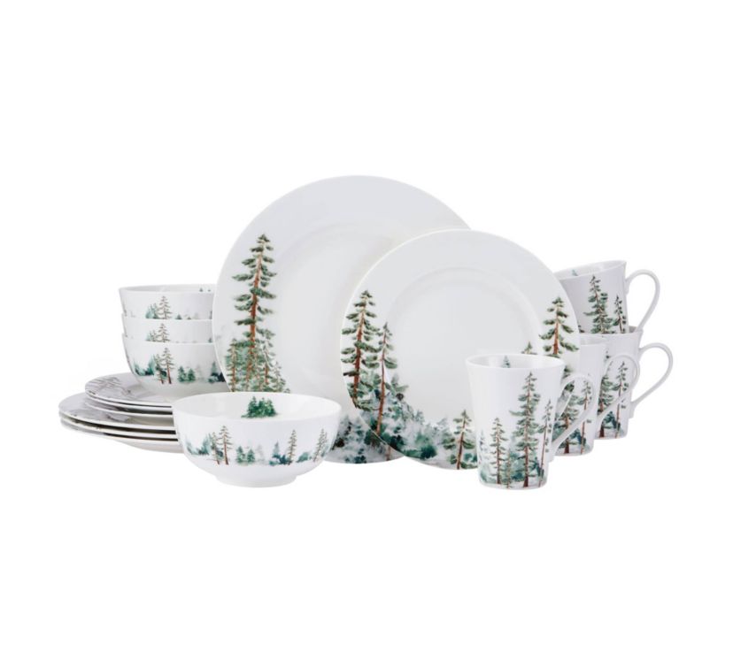 Watercolor Forest Bone China 16 Piece Dinnerware Set, Service for 4, White