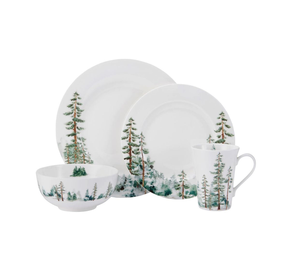 Watercolor Forest Bone China 16 Piece Dinnerware Set, Service for 4, White