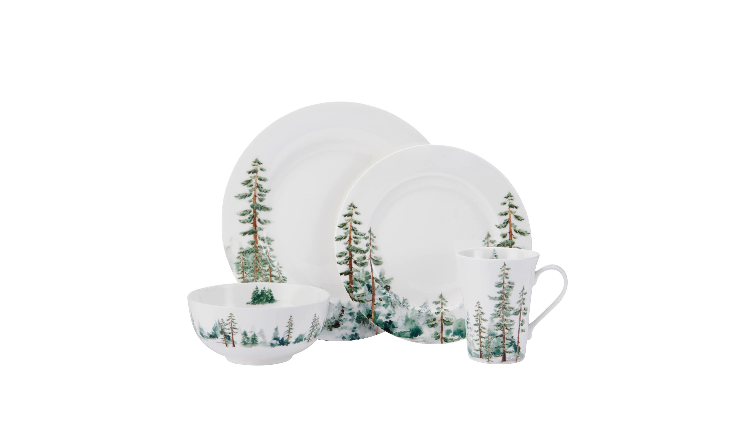 Watercolor Forest Bone China 16 Piece Dinnerware Set, Service for 4, White