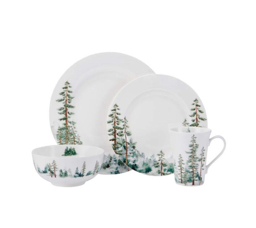 Watercolor Forest Bone China 16 Piece Dinnerware Set, Service for 4, White