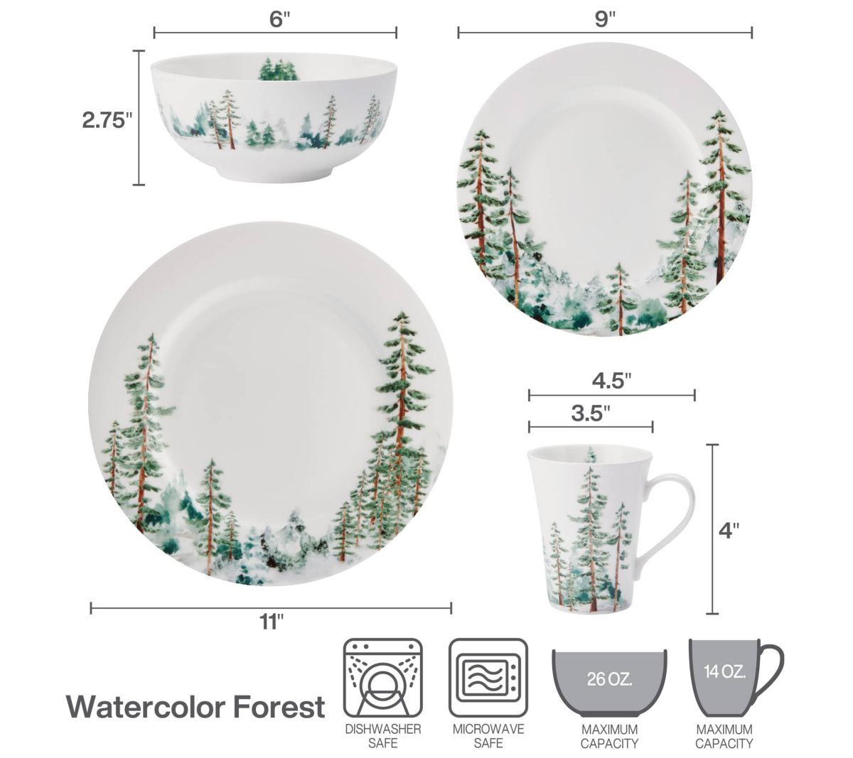 Watercolor Forest Bone China 16 Piece Dinnerware Set, Service for 4, White