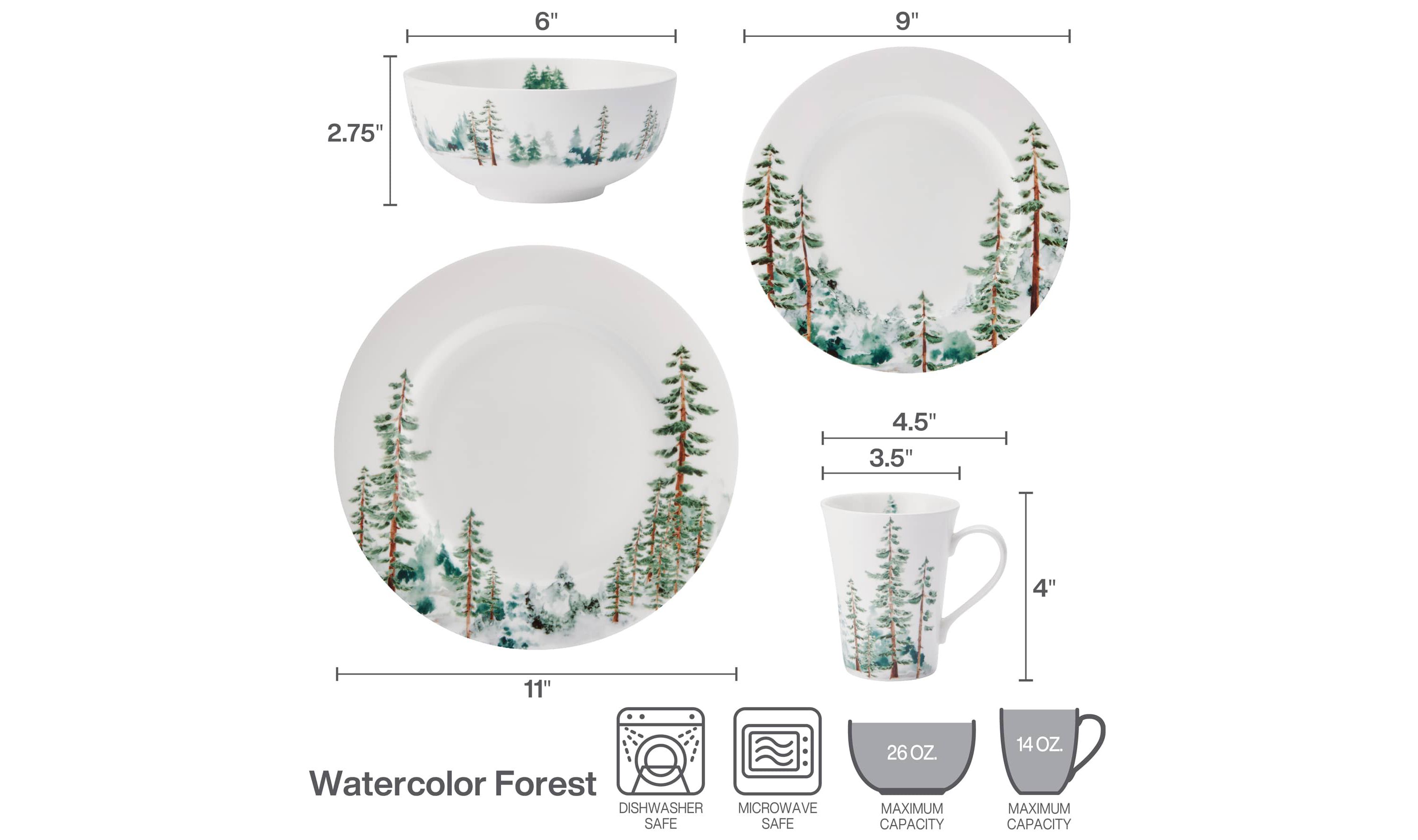 Watercolor Forest Bone China 16 Piece Dinnerware Set, Service for 4, White