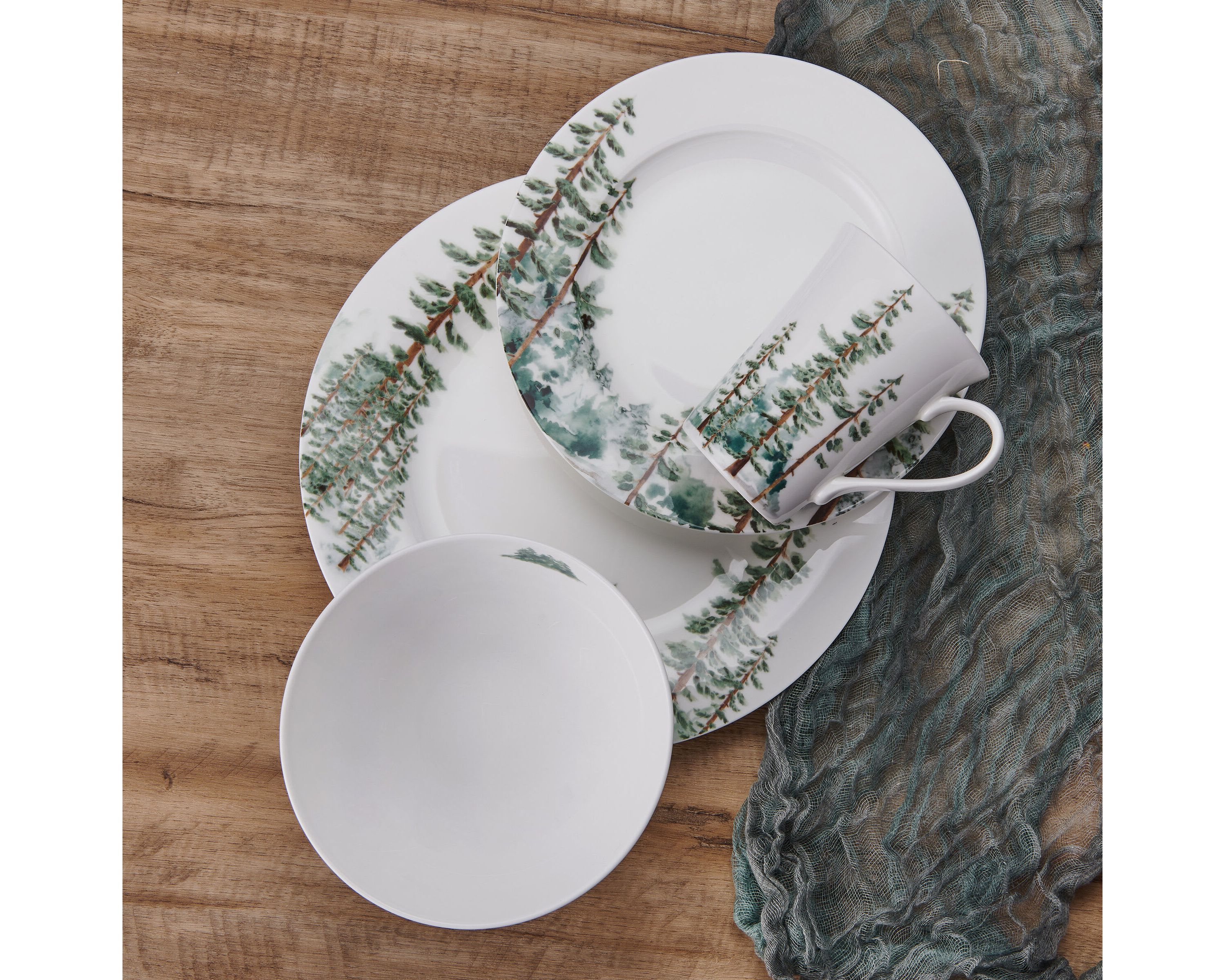 Watercolor Forest Bone China 16 Piece Dinnerware Set, Service for 4, White
