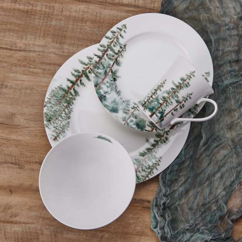 Watercolor Forest Bone China 16 Piece Dinnerware Set, Service for 4, White
