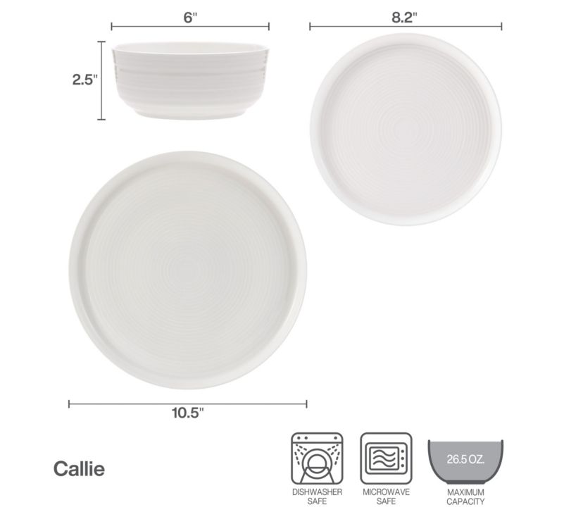 Callie Bone China Lightweight Chip Resistant 12 Piece Dinnerware Set, Service for 4, White