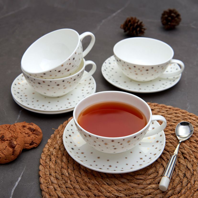 Mikasa Millie Gold Metallic Set of 4 Tea Cups and Saucers, 8 Ounce