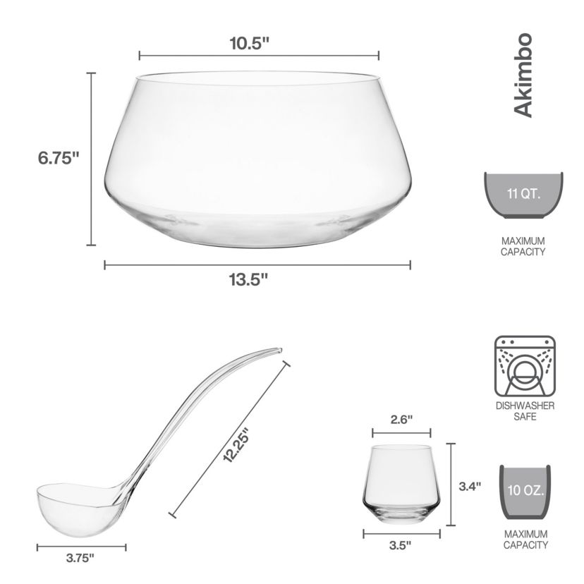 Mikasa Akimbo 8 Piece Punch Bowl Set with Acrylic Ladle, 11-Quart