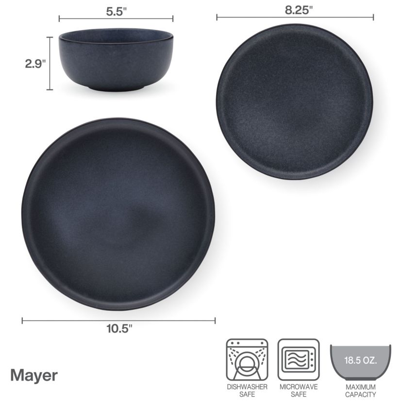 Mayer 12 Piece Dinnerware Set, Service for 4, Gray