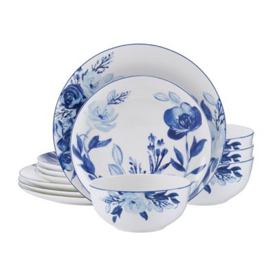 Darcy Bone China 12 Piece Dinnerware Set, Service for 4, Blue and White