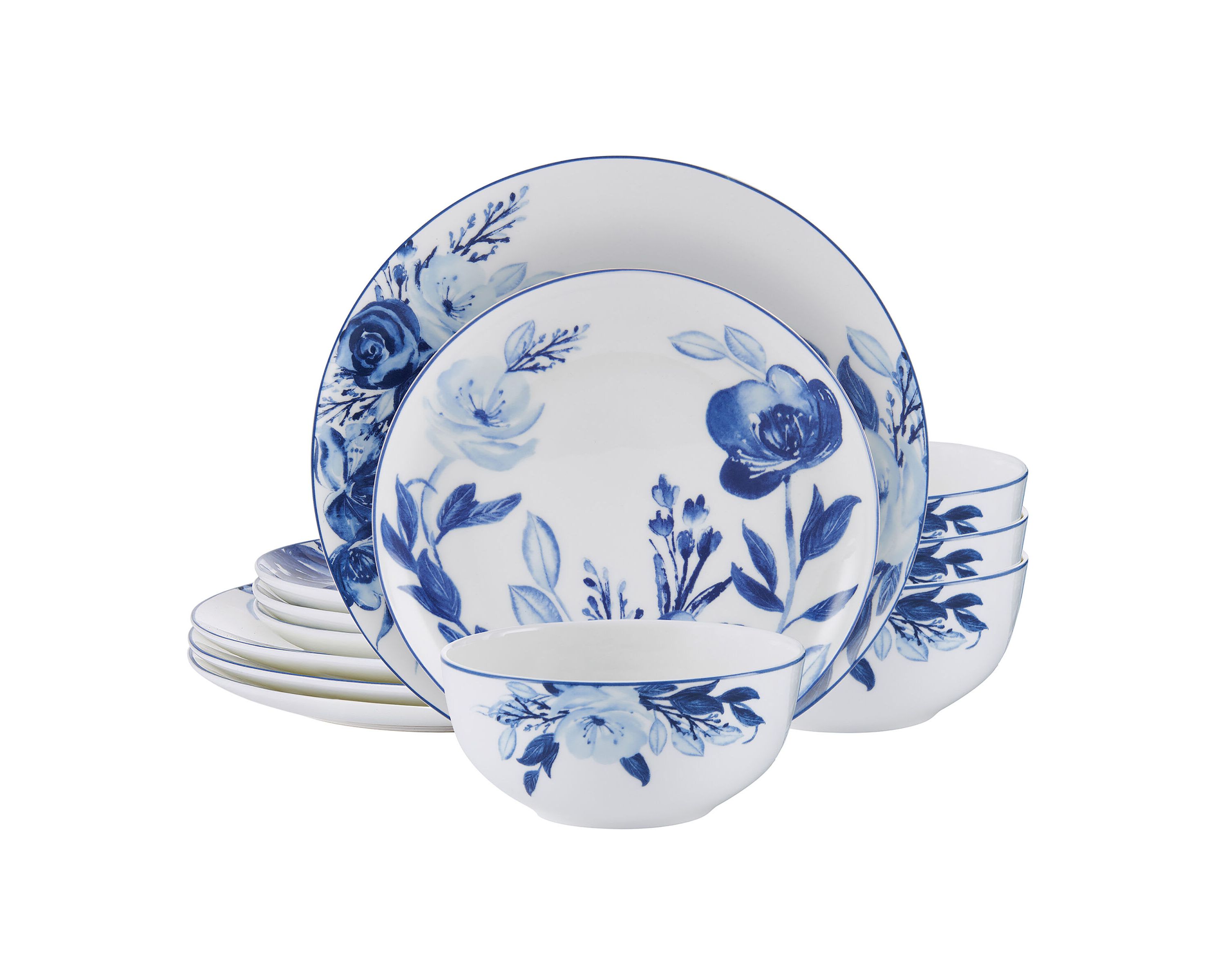 Darcy Bone China 12 Piece Dinnerware Set, Service for 4, Blue and White
