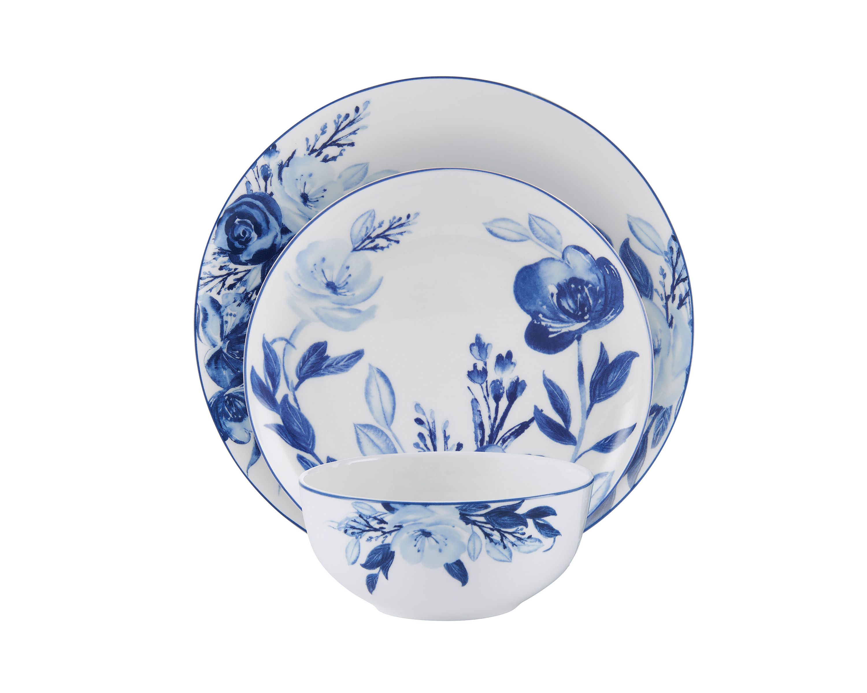 Darcy Bone China 12 Piece Dinnerware Set, Service for 4, Blue and White
