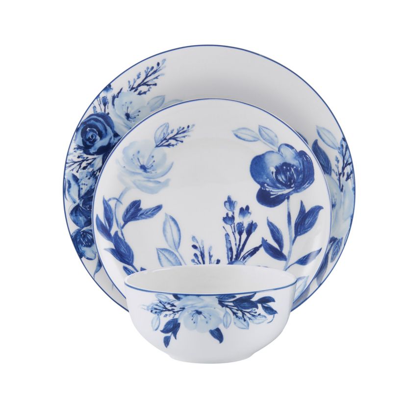 Darcy Bone China 12 Piece Dinnerware Set, Service for 4, Blue and White