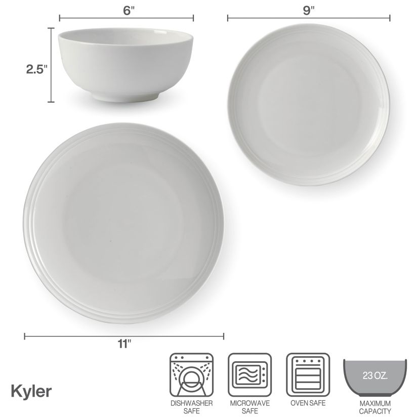 Kyler Bone China Lightweight Chip Resistant 12 Piece Dinnerware Set, Service For 4 ,White