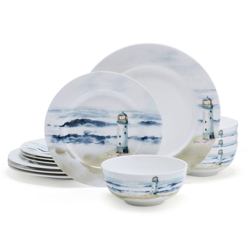 Mikasa Seaside Coastal Bone China Lightweight Chip Resistant 12 Piece Dinnerware Set, Service for 4