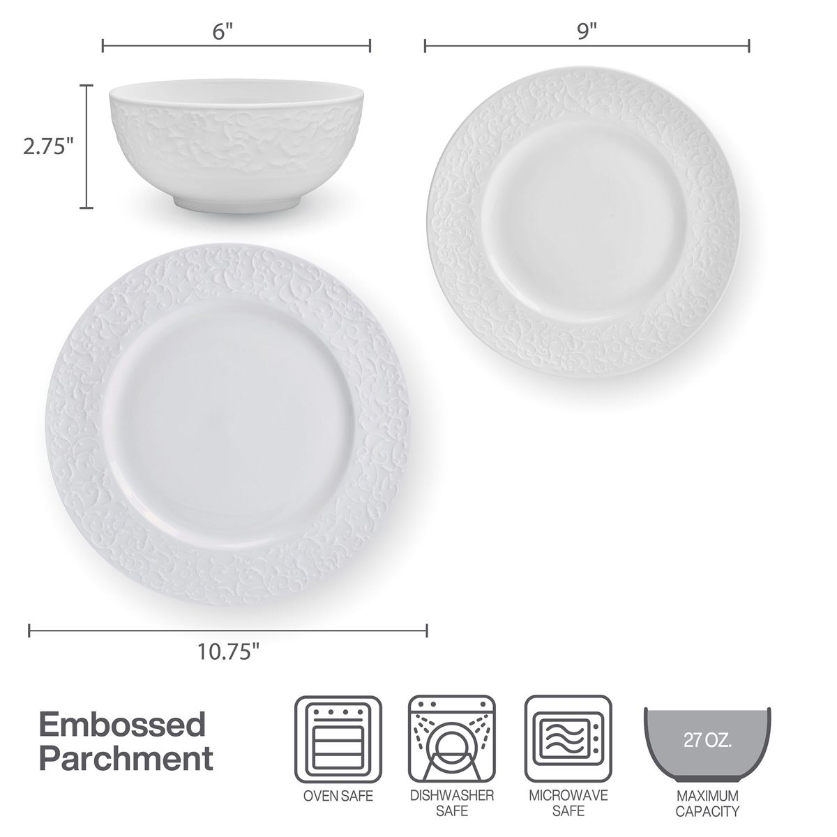 Parchment White Bone China 18 Piece Dinnerware Set, Service for 6