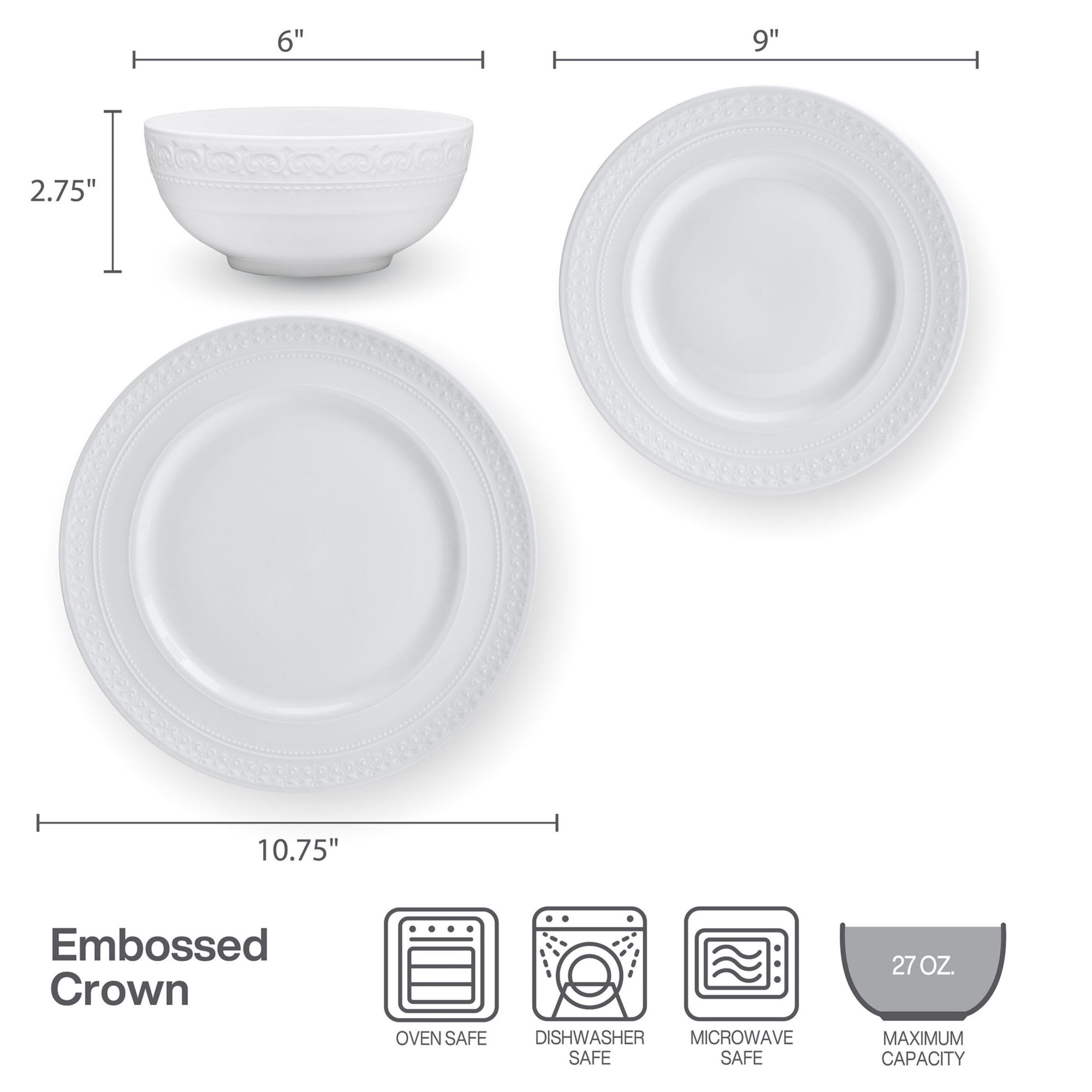 Crown White Chip Resistant 18 Piece Dinnerware Set, Service for 6