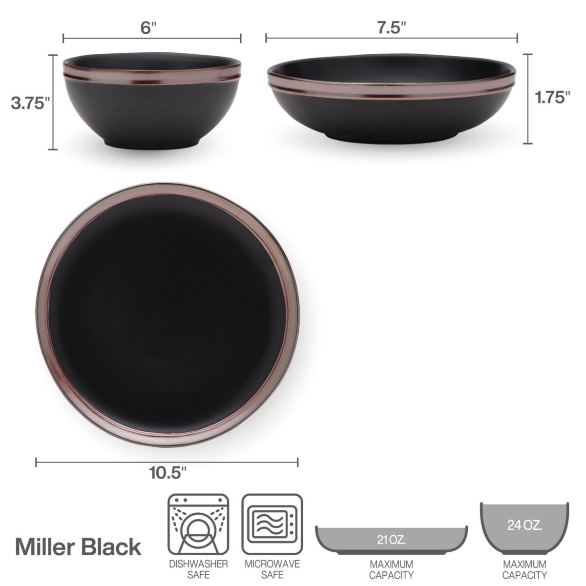 Miller 12 Piece Dinnerware Set, Service for 4, Black