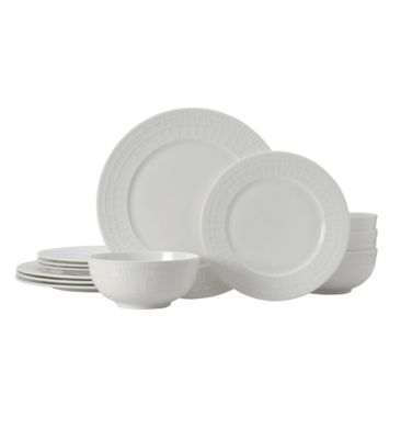 Mikasa Lux Bone China 12 Piece Dinnerware Set, Service for 4, White