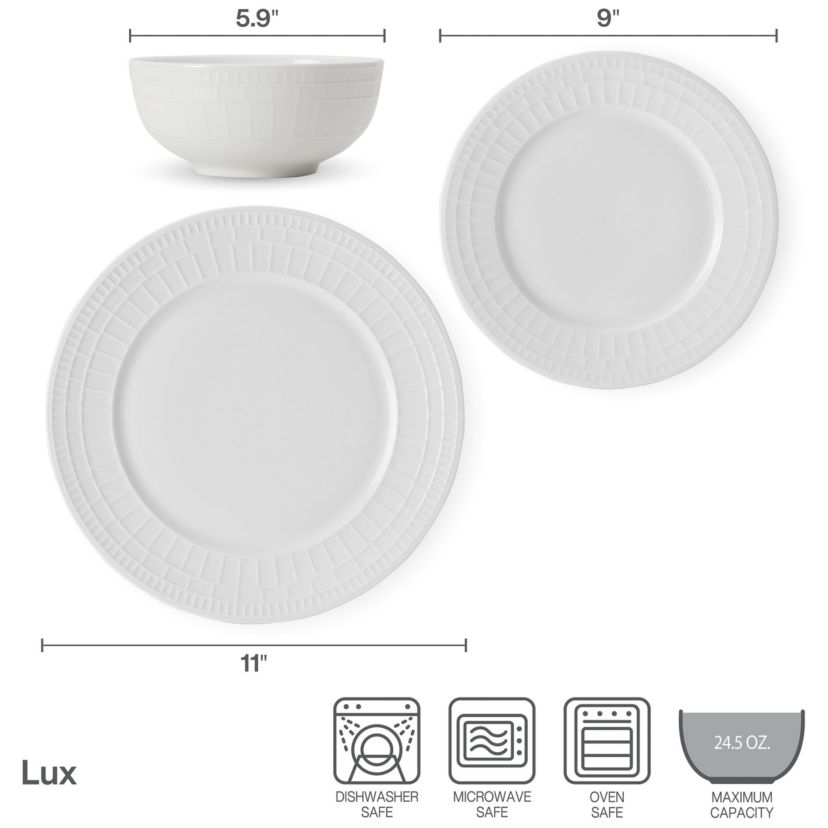 Lux Bone China 12 Piece Dinnerware Set, Service for 4, White