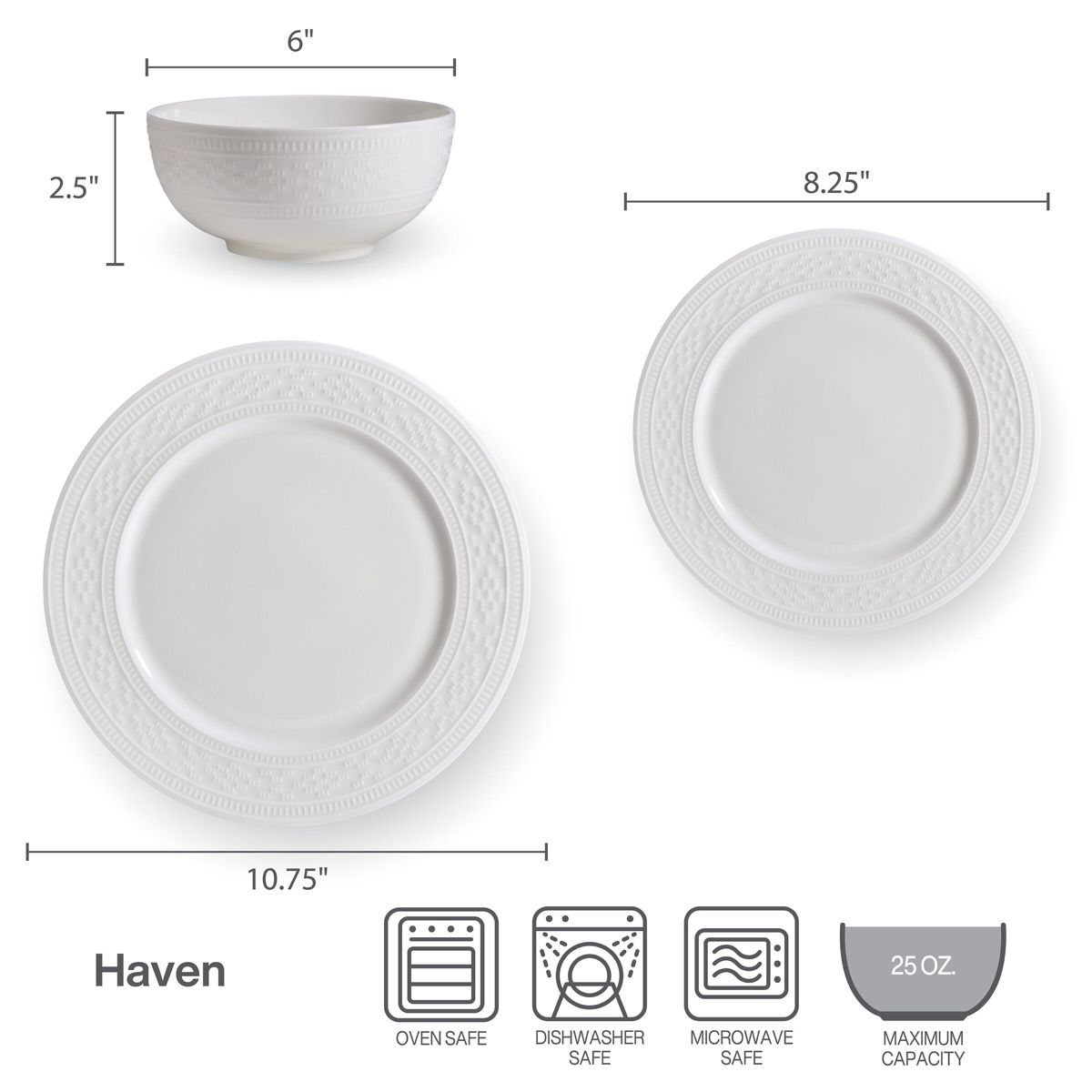 Haven Bone China 12 Piece Dinnerware Set, Service for 4 White