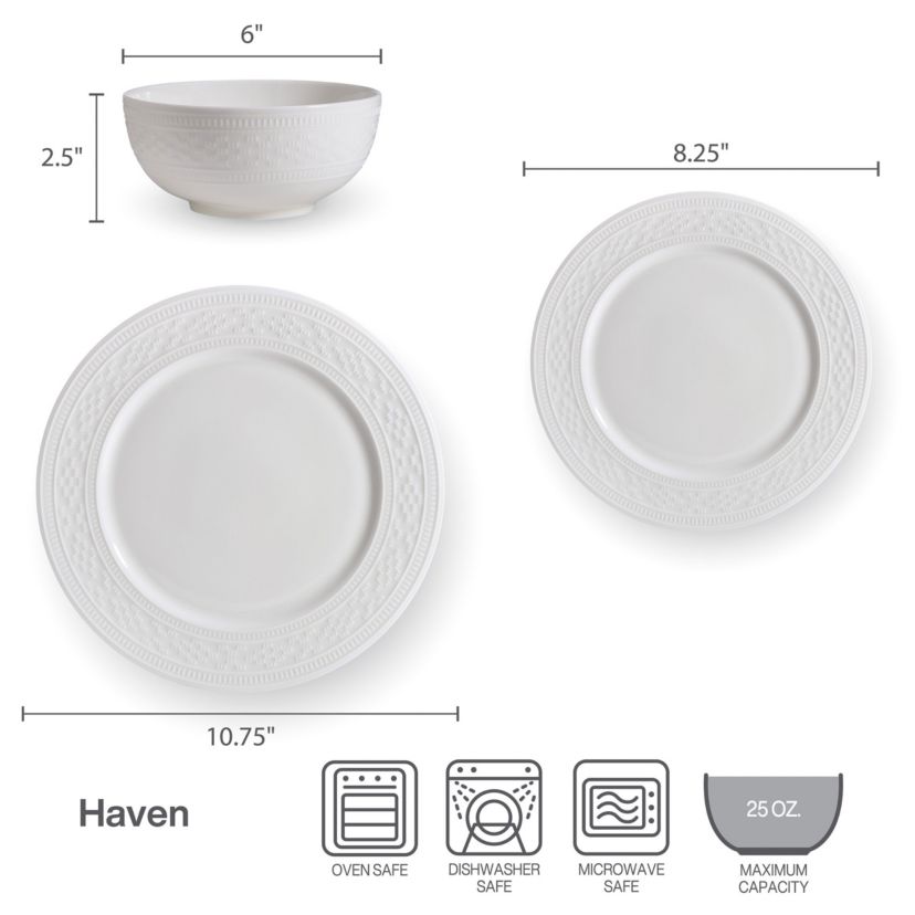 Haven Bone China 12 Piece Dinnerware Set, Service for 4 White