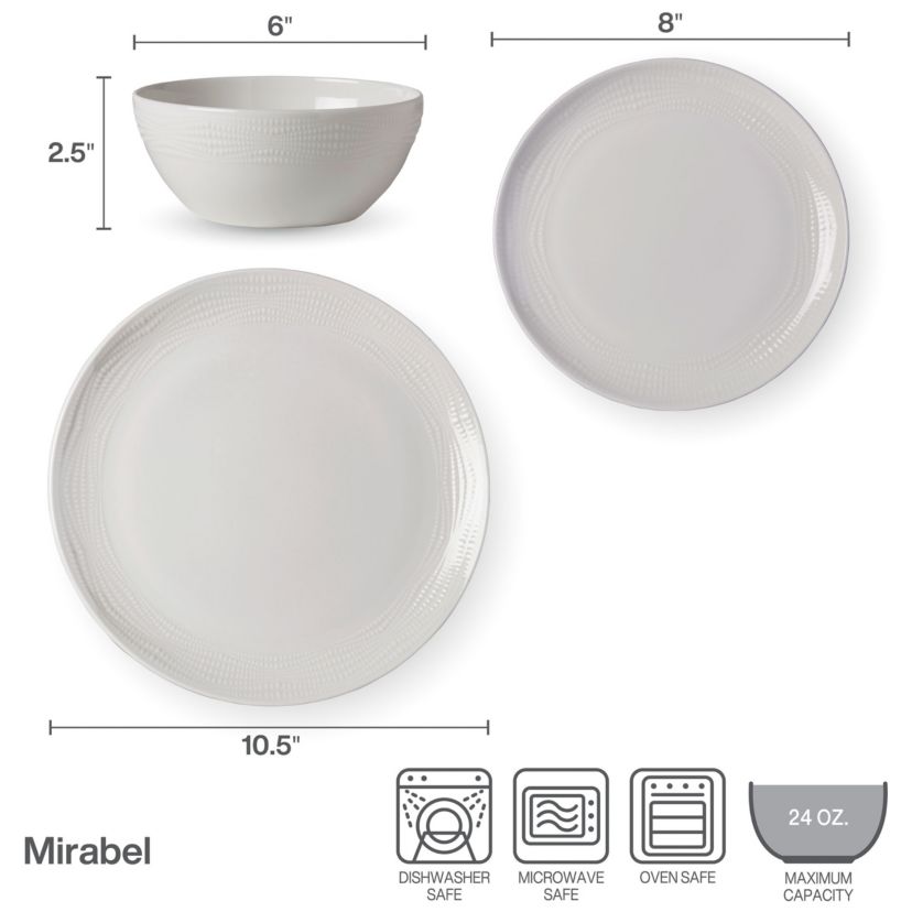 Mirabel Vegan Bone China Chip Resistant 12 Piece Dinnerware Set, Service for 4
