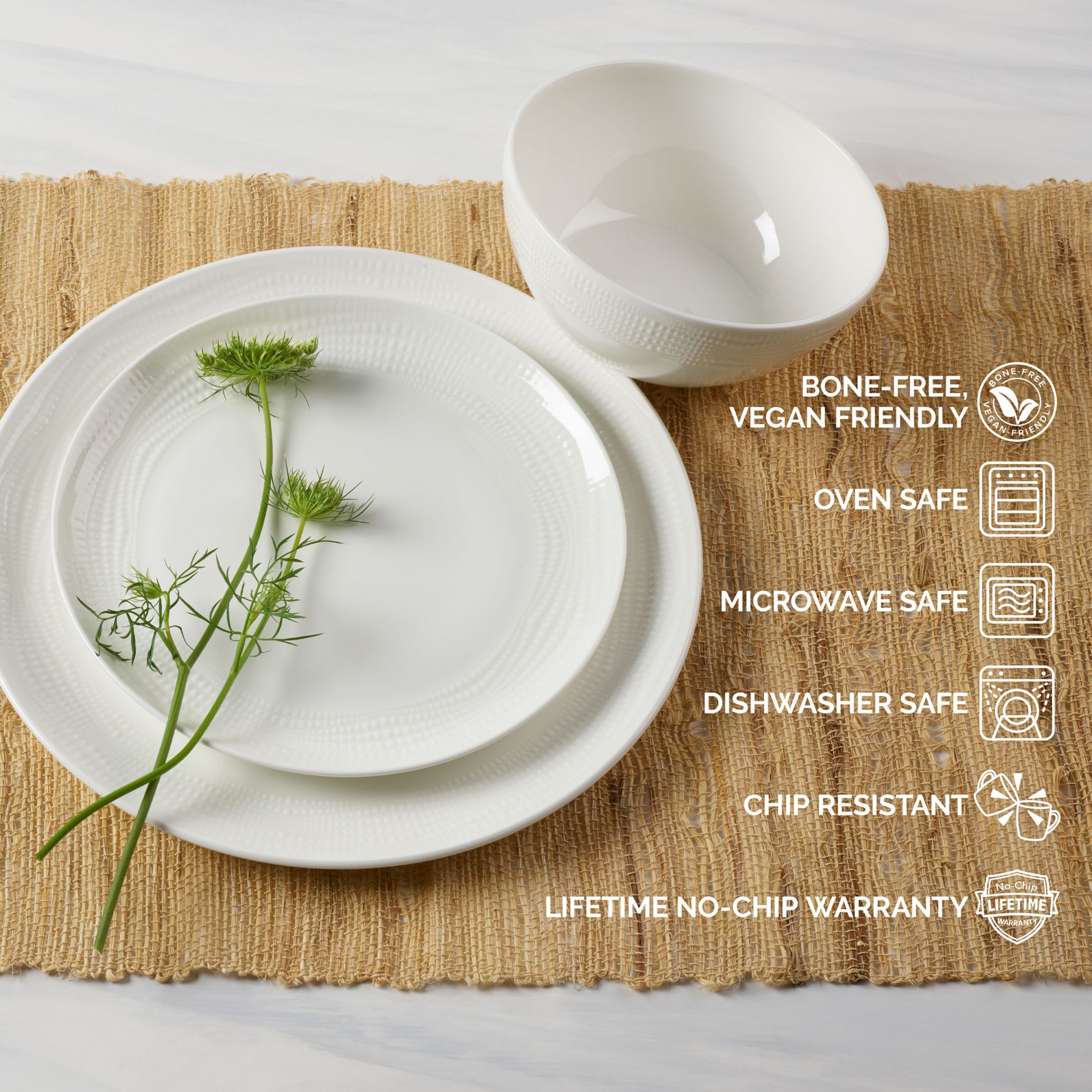 Mirabel Vegan Bone China Chip Resistant 12 Piece Dinnerware Set, Service for 4