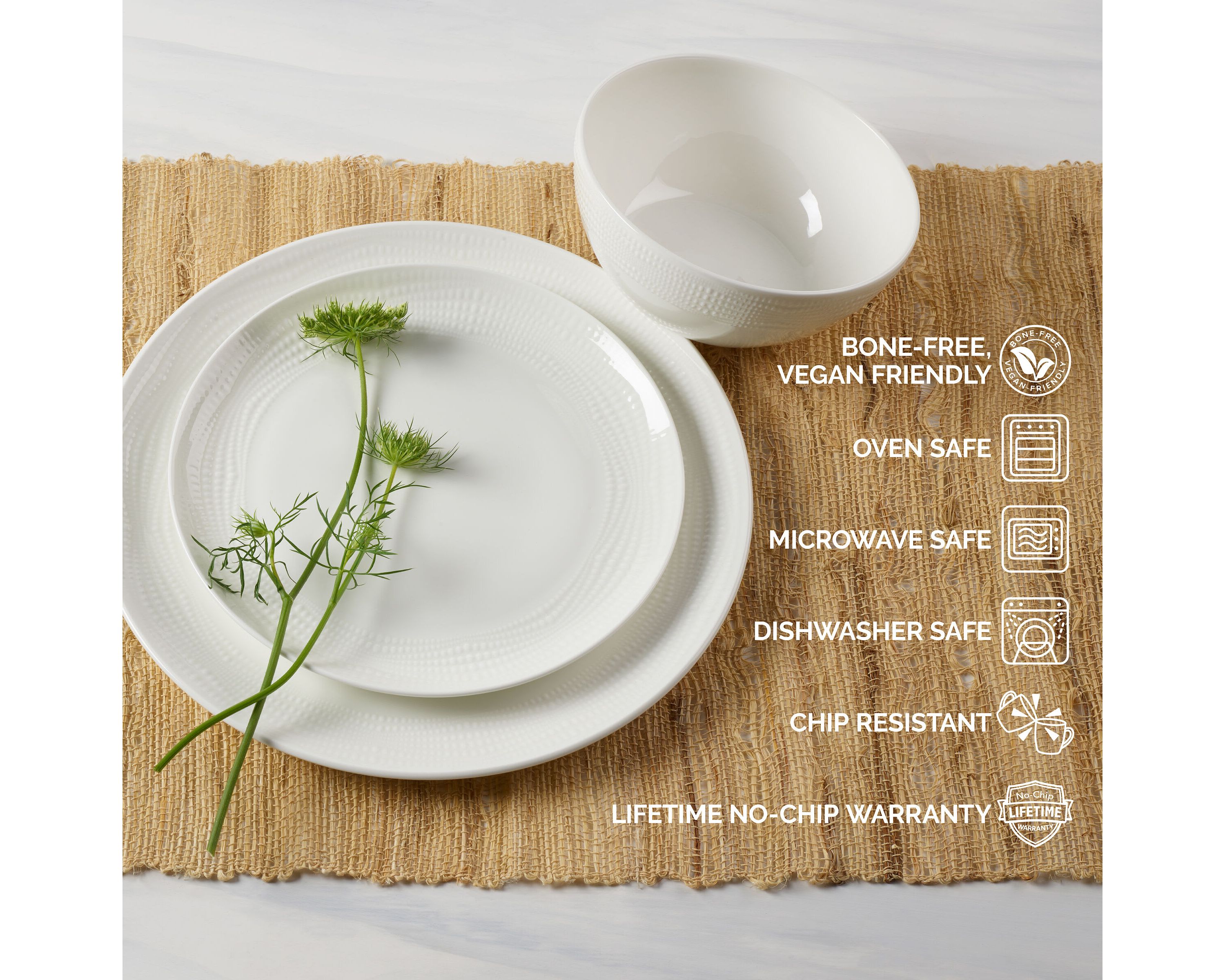 Mirabel Vegan Bone China Chip Resistant 12 Piece Dinnerware Set, Service for 4