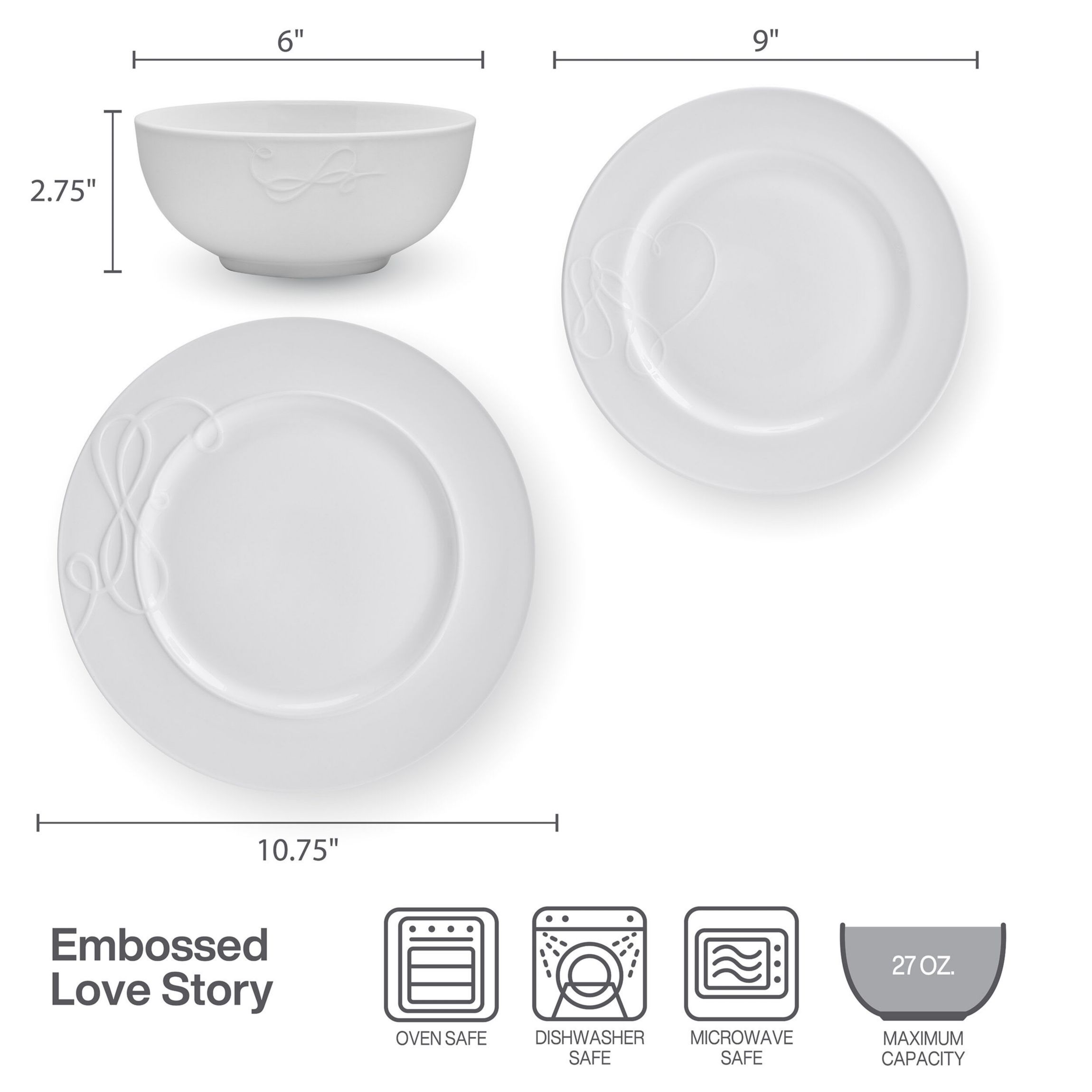 Love Story White 18 Piece Dinnerware Set, Service for 6