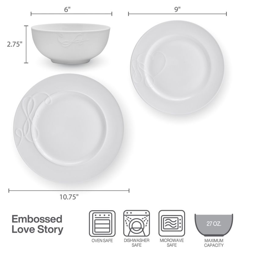 Love Story White 18 Piece Dinnerware Set, Service for 6