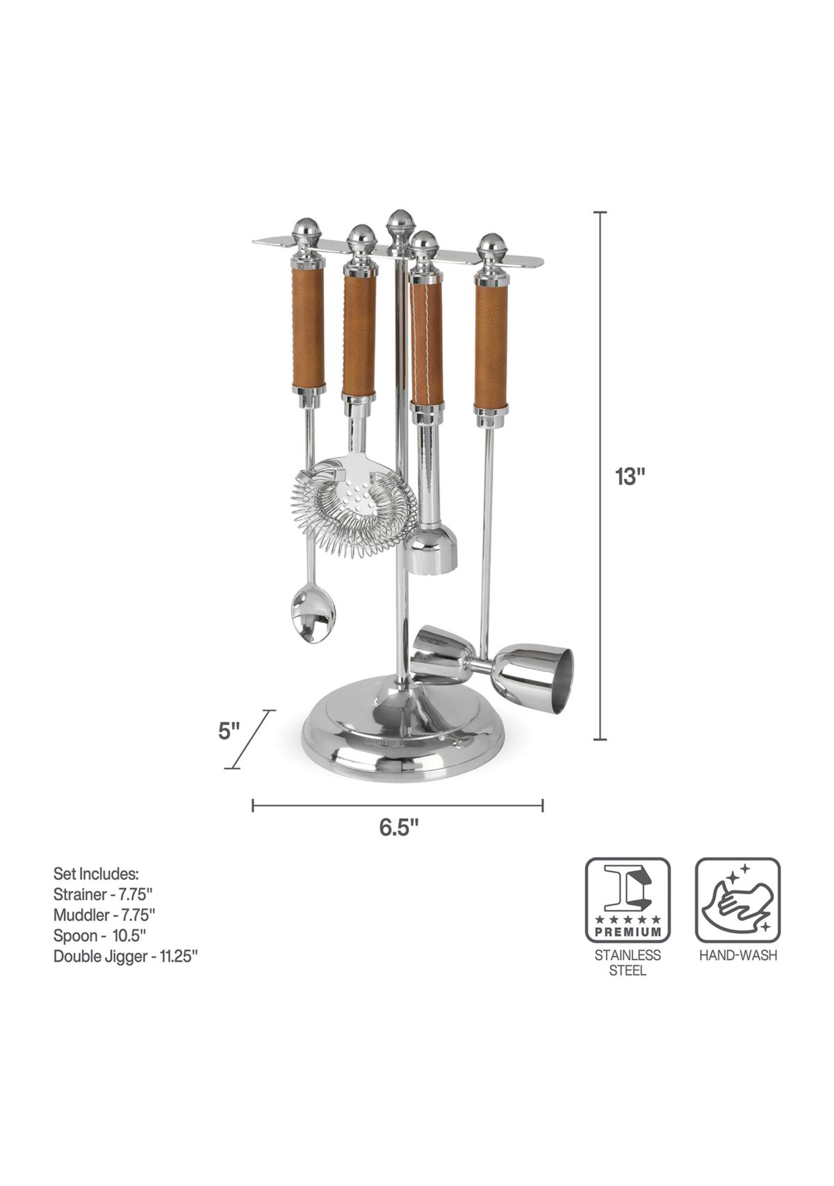 Leather Stitched 5 Piece Bar Tool Set