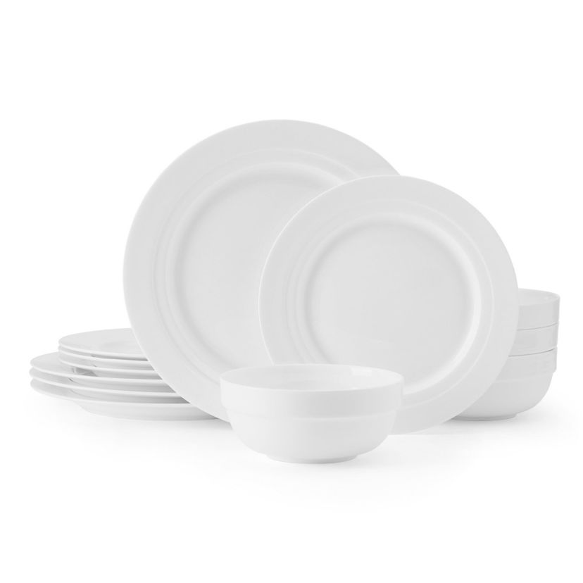 Bentlee Bone China Lightweight Chip Resistant 12 Piece Dinnerware Set, Service for 4, White