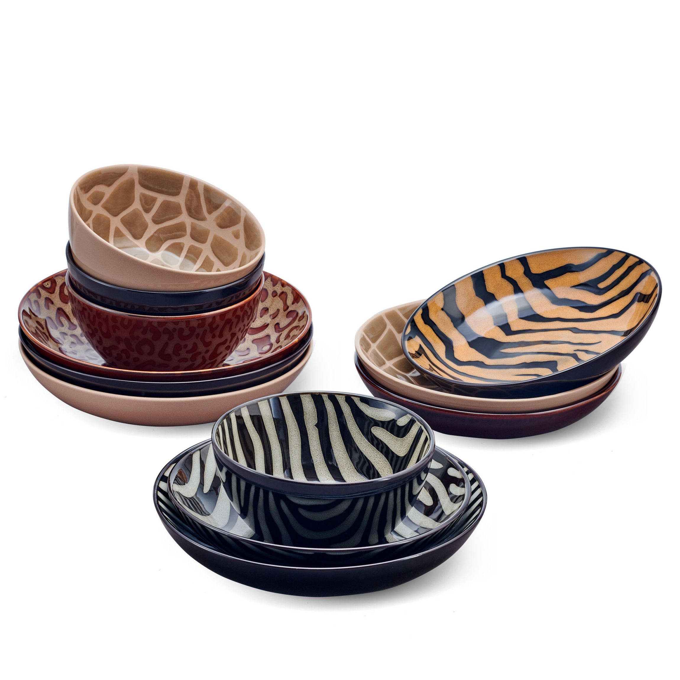 Amari Animal Print Safari 12 Piece Dinnerware Bowl Set, Service for 4