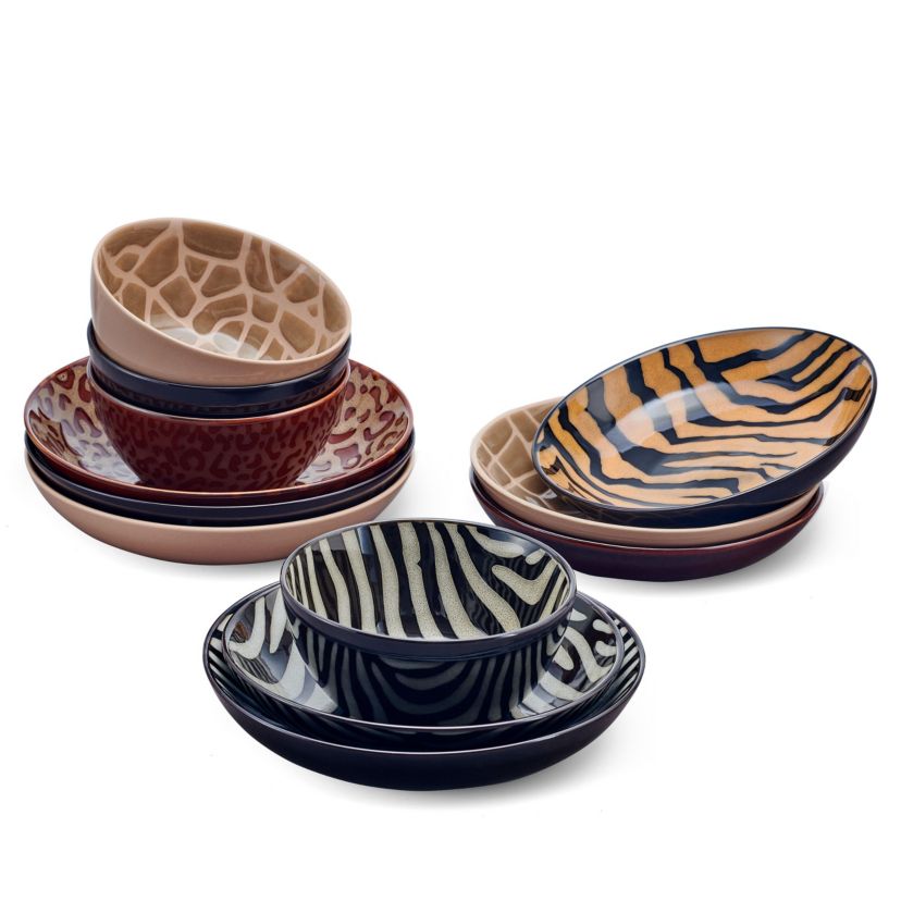 Amari Animal Print Safari 12 Piece Dinnerware Bowl Set, Service for 4
