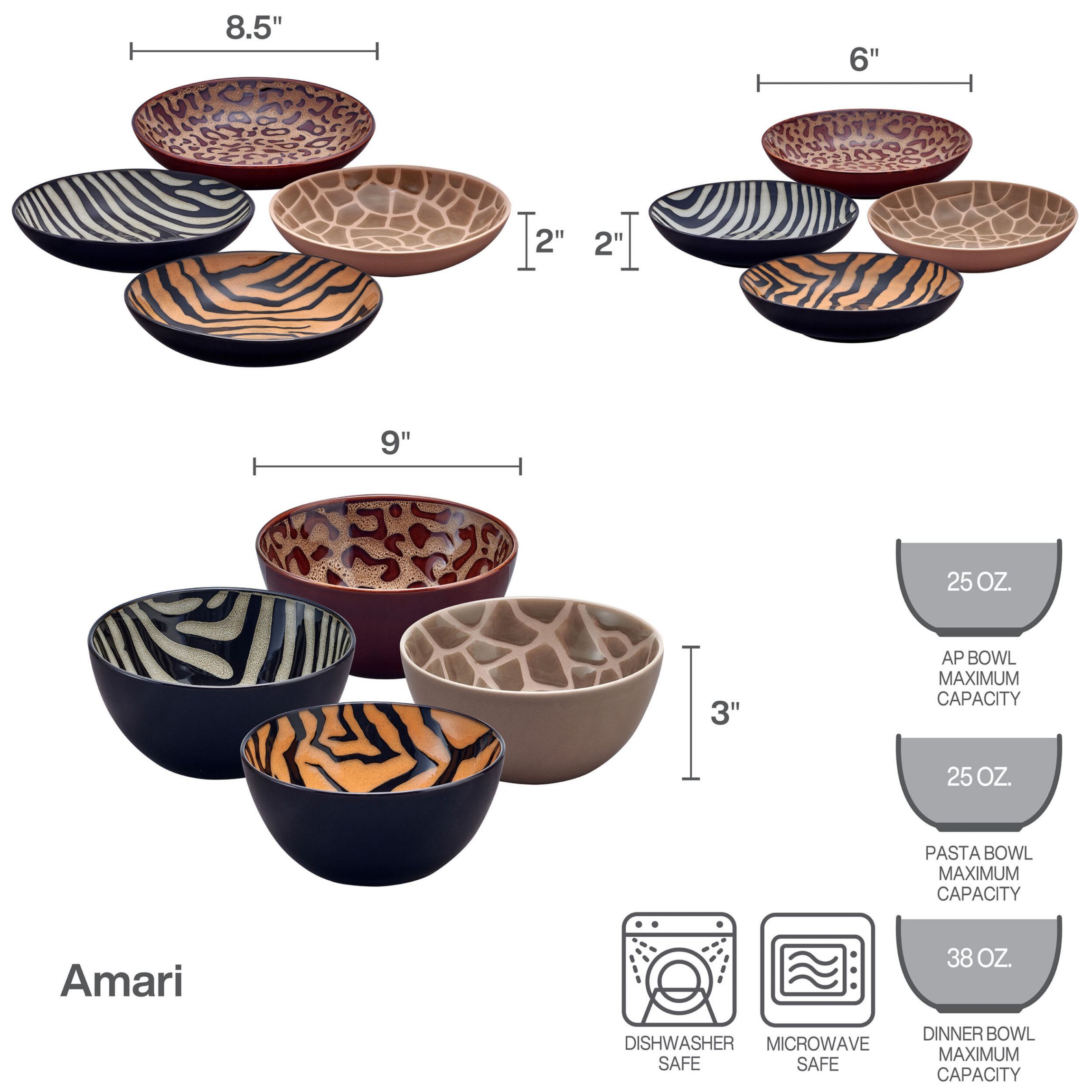 Amari Animal Print Safari 12 Piece Dinnerware Bowl Set, Service for 4