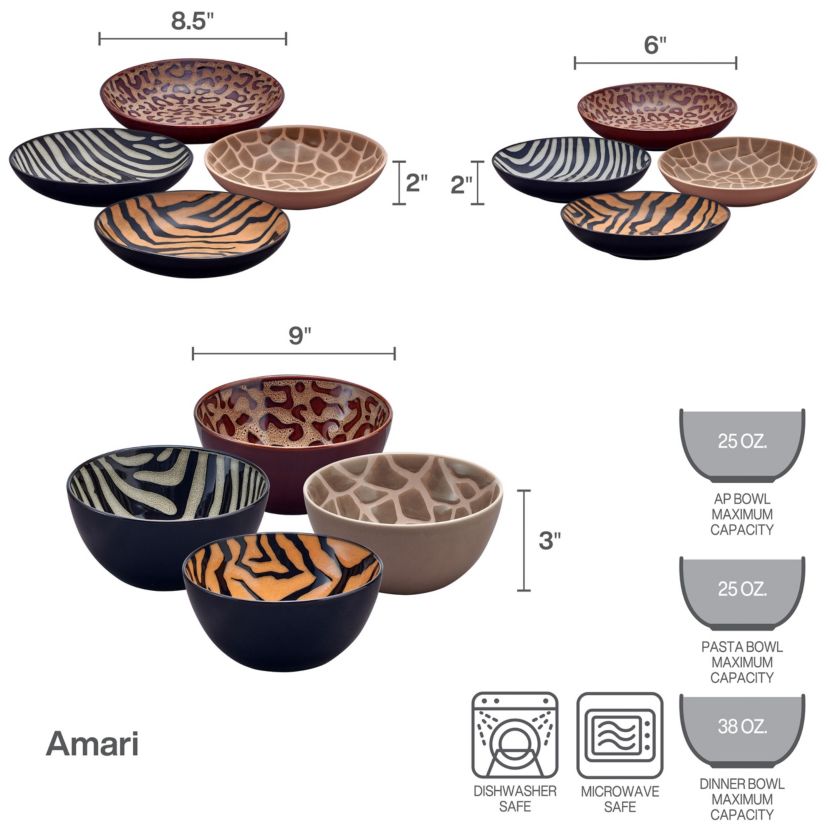 Amari Animal Print Safari 12 Piece Dinnerware Bowl Set, Service for 4
