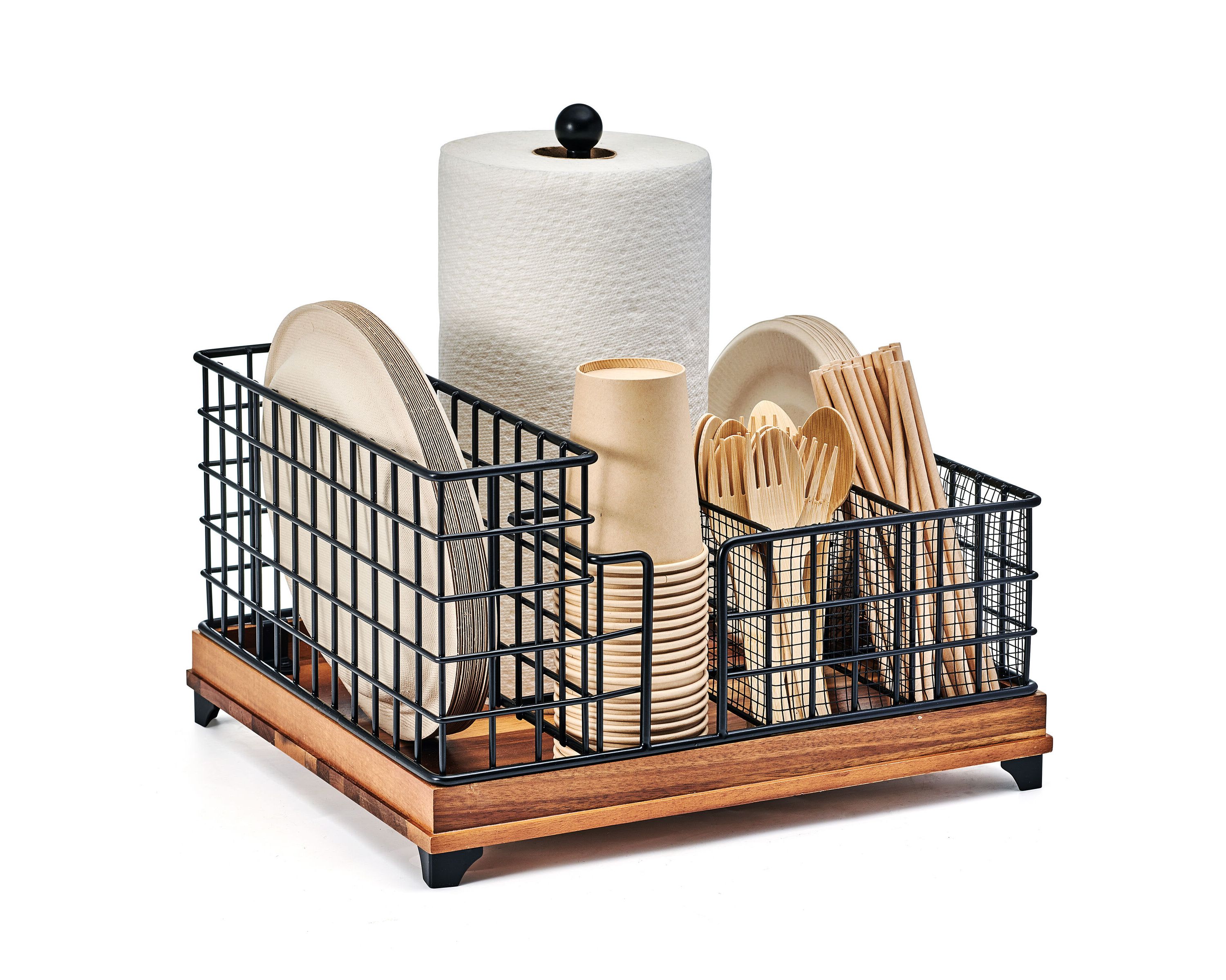 Gourmet Basics by Mikasa Grid Buffet Countertop Picnic Storage Caddy with Paper Towel Holder, 13 x 13.5 x 12 Inch, Black