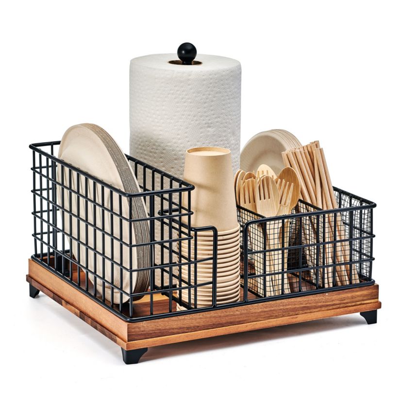 Gourmet Basics by Mikasa Grid Buffet Countertop Picnic Storage Caddy with Paper Towel Holder, 13 x 13.5 x 12 Inch, Black
