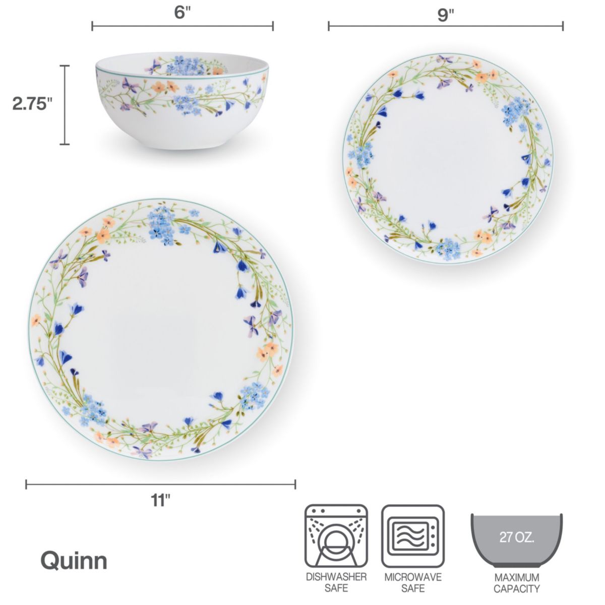 Mikasa Quinn Lightweight Bone China 12 Piece Dinnerware Plate Bowl Set, Service for 4