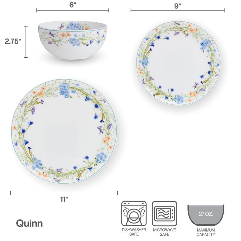 Mikasa Quinn Lightweight Bone China 12 Piece Dinnerware Plate Bowl Set, Service for 4