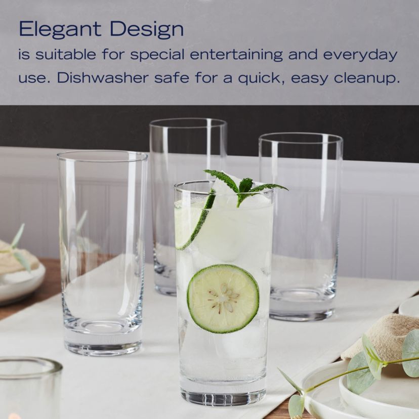 Mikasa Lana Tall Beverage Highball Glass Cups, Set of 4, 16 Ounce, Clear
